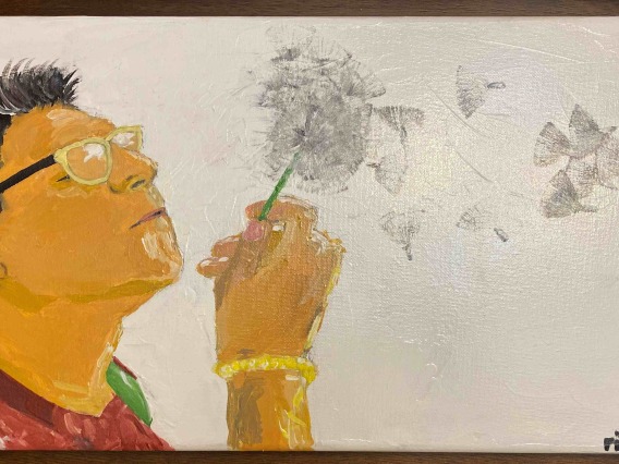 Man blowing on dandelion/Painting