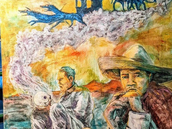 painting of men and sky