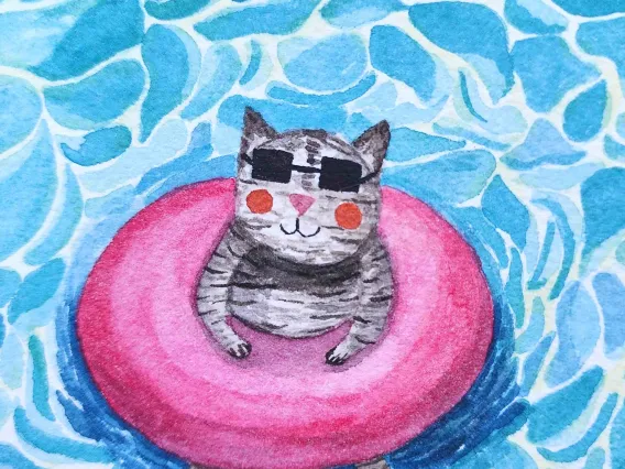 cat in pool float painting