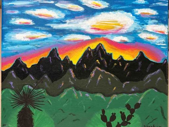 sunset with mountains painting