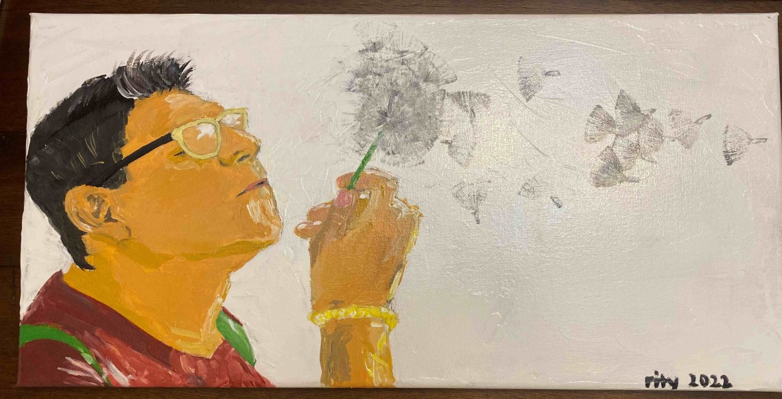 Man blowing on dandelion/Painting