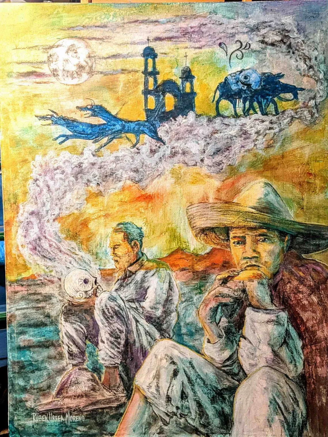 painting of men and sky