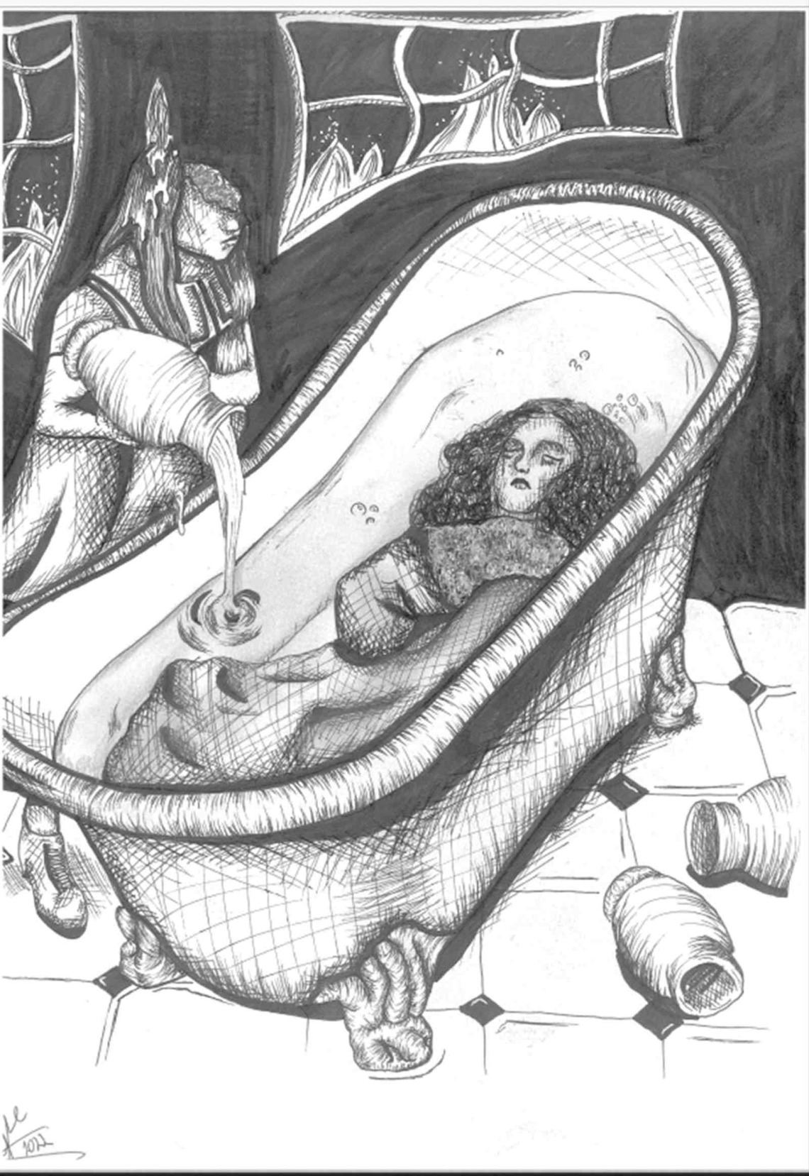 woman in bath drawing