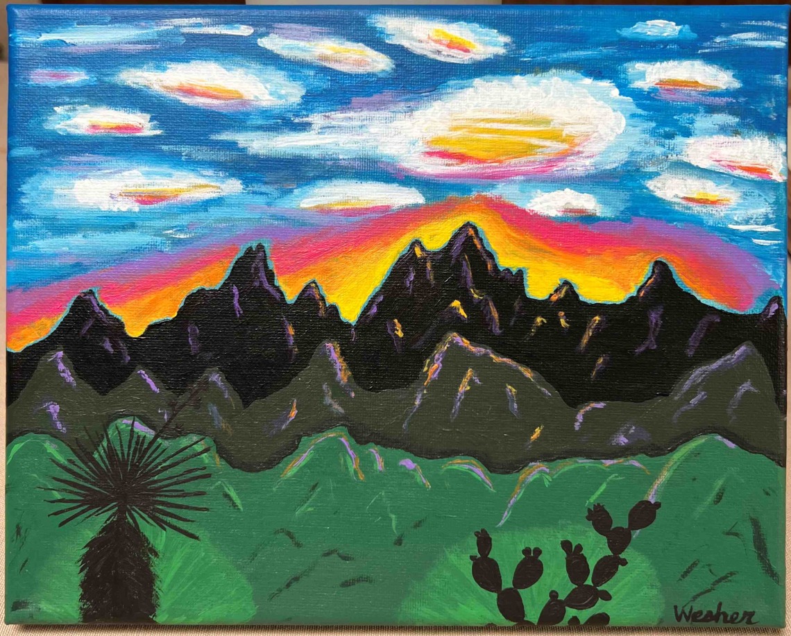 sunset with mountains painting
